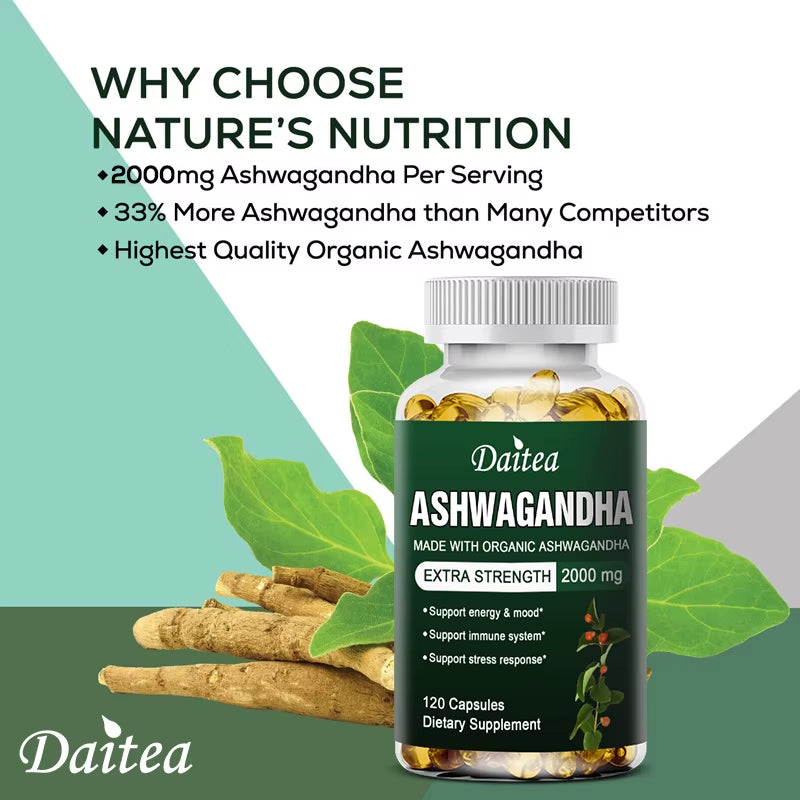 Daitea Ashwagandha Extract Capsules 2000Mg, Immune System, Promote Sleep, Energy and Mood Support, Antioxidant Supplement