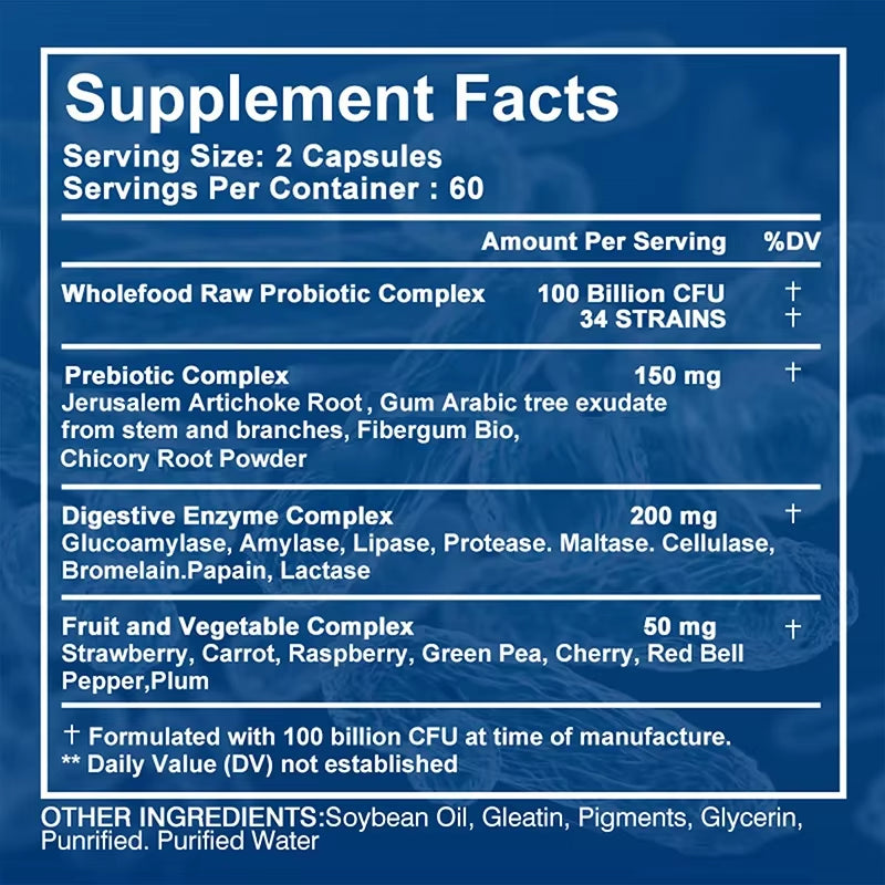 Probiotics 100 Billion CFU - with Prebiotic, Digestive Enzyme - Gut and Digestive Health - 120 Capsules