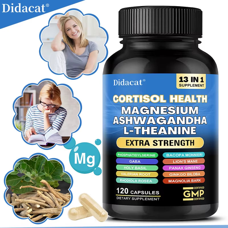 13-In-1 Cortisol Supplement - Magnesium Ashwagandha for Brain Memory, Thinking, Brain Cell Health, Mood, Relaxation