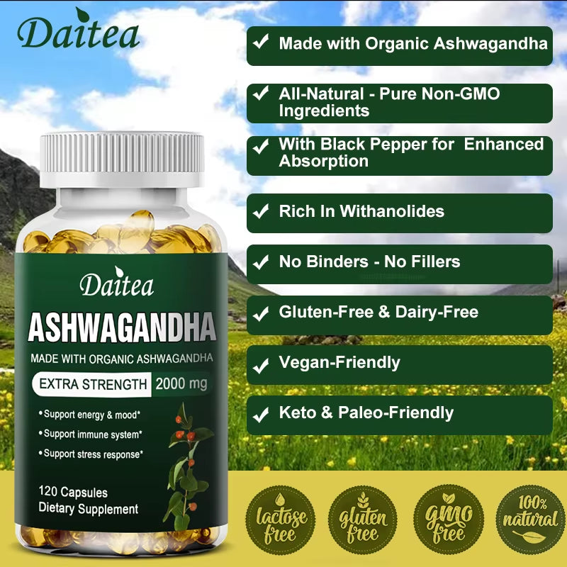 Daitea Ashwagandha Extract Capsules 2000Mg, Immune System, Promote Sleep, Energy and Mood Support, Antioxidant Supplement