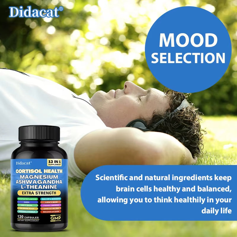 13-In-1 Cortisol Supplement - Magnesium Ashwagandha for Brain Memory, Thinking, Brain Cell Health, Mood, Relaxation
