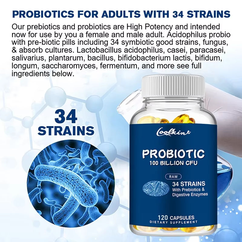 Probiotics 100 Billion CFU - with Prebiotic, Digestive Enzyme - Gut and Digestive Health - 120 Capsules